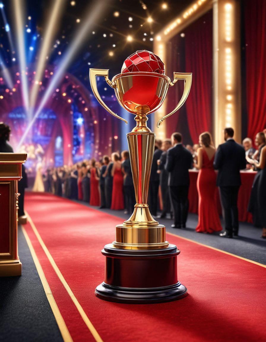 A glamorous awards ceremony scene featuring elegantly dressed attendees, a dazzling red carpet, and a sparkling trophy. In the background, bright lights flash as a celebratory moment unfolds on stage, capturing the essence of recognition and excitement. Include decorations reflecting various industries and a vibrant atmosphere filled with joyful expressions. super-realistic. vibrant colors. night scene.