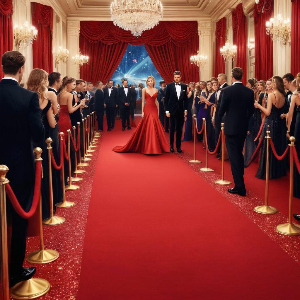 A glamorous red carpet scene filled with dazzling celebrities in stunning evening gowns and tuxedos, vibrant flashes from paparazzi cameras illuminating the atmosphere, adorned with lavish decorations and sparkling lights in the background. The excitement of fans eagerly cheering in elegant attire adds to the festive ambiance. super-realistic. vibrant colors. evening glow.
